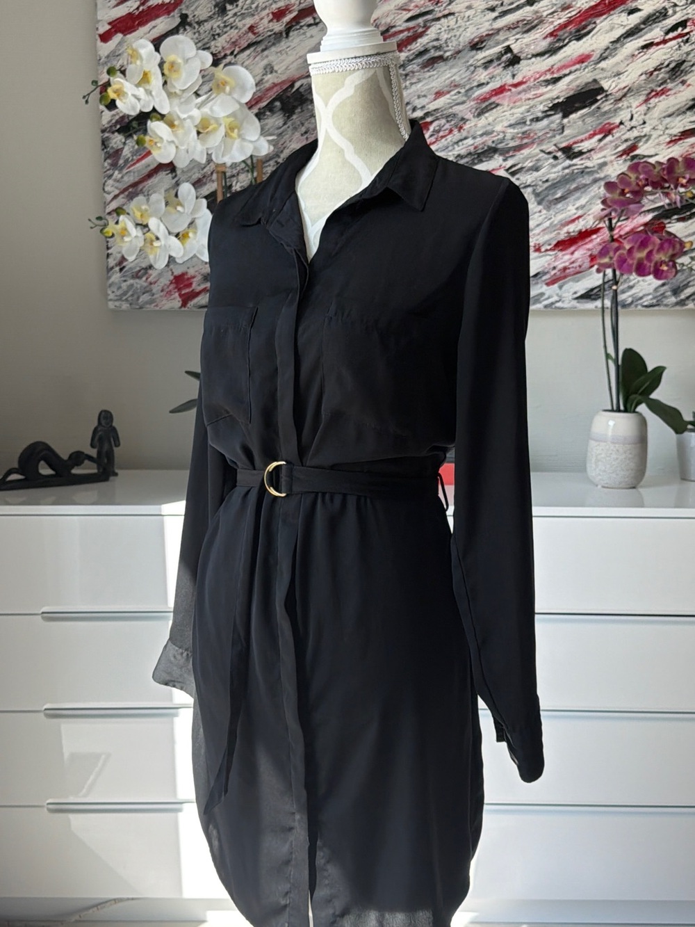 H&M Black Long-Sleeve Belted Gold Accented Shirt Dress Size 10